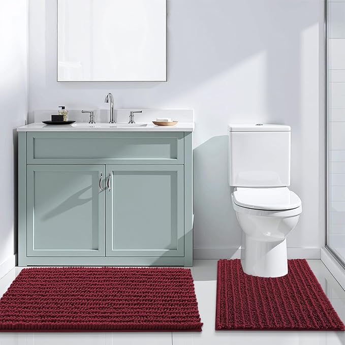 Arotive Luxury Chenille Bathroom Rug Mat, Extra Soft Thick Absorbent Shaggy Bath Rugs, Non-Slip Machine Wash Dry, Plush Bath Mats for Bathroom, Shower and Tub, 70x24, Burgundy