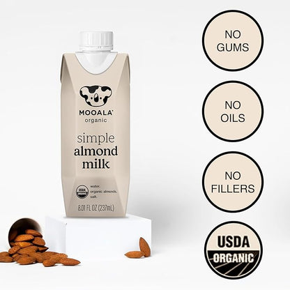Mooala Organic Simple Almondmilk - -Shelf Stable Single Serve Cartons, 3 Ingredients, No Gums, No Oil, No Fillers Unsweetened, Dairy Free Milk, On The Go 12 Pack