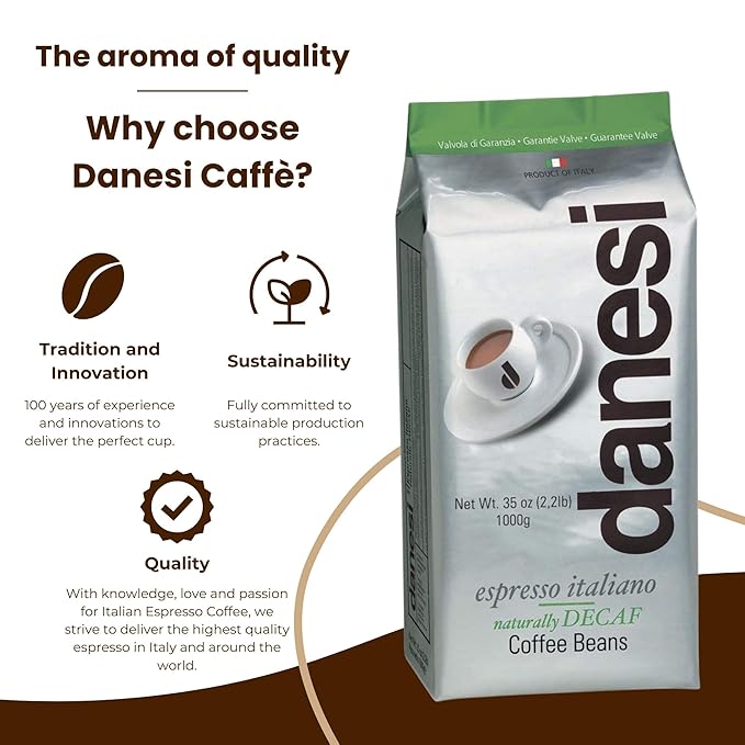 Danesi Caffe Italian Whole Coffee Beans - Espresso Coffee Beans and Medium Roast Whole Bean - Perfect for Espresso Machines, French Press, and Home Brewing - Decaf (2.2 lb)