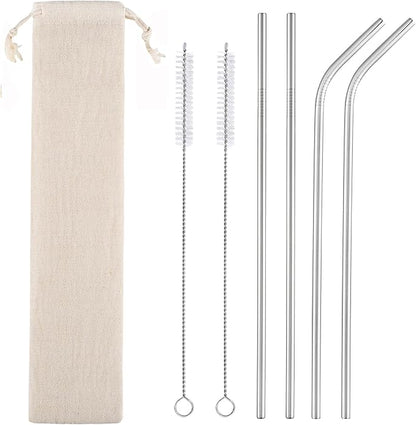 Set of 4 Reusable Metal Straws, Long Stainless Steel Straw with Cleaning Brushes and Case, Drinking for 30 oz and 20 oz Tumblers.