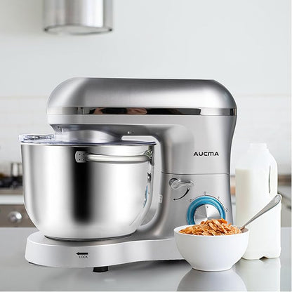 Aucma Stand Mixer,6.5-QT 660W 6-Speed Tilt-Head Food Mixer, Kitchen Electric Mixer with Dough Hook, Wire Whip & Beater (6.5QT, Silver)