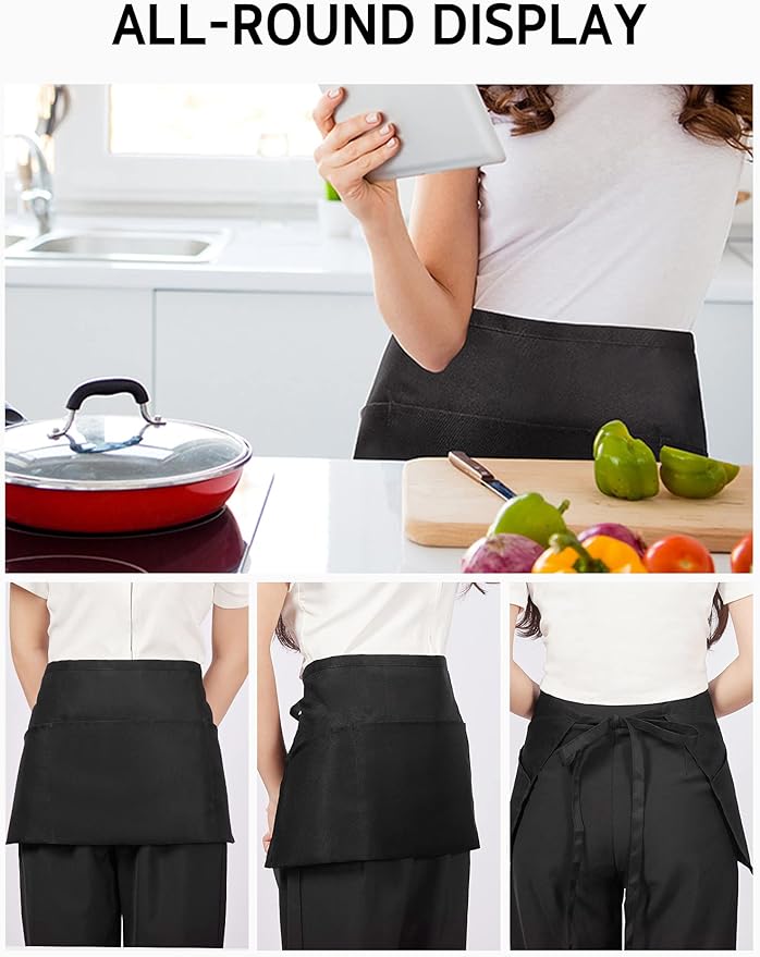 Syntus 1 Pack Server Aprons with 3 Pockets, Waterdrop Resistant Waitress Waiter Waist Apron, 11.5-inch Black