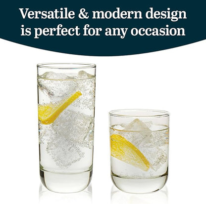 Libbey Polaris Tumbler and Rocks Glass Set, Elegant Drinkware Glasses Set,, Tall Drinking Glasses with Modern Clean Lines, Dishwasher Safe Drinking Glasses Set of 16