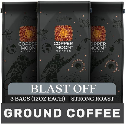 Copper Moon Ground Coffee, High Caffeine Blast Off Blend, Strong Roast, 3 Bags (12 oz. Each)
