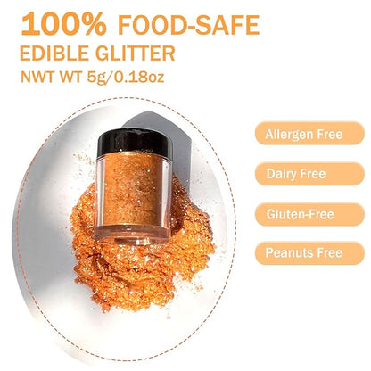 Orange Edible Glitter Glimmer Powder for Cakes Drinks - Colaele 5 grams Food Grade Luster Dust Metallic Food Decorating Sprinkle Disco Brew Dust for Cake Decorations Wine Beverage Candy Dessert, Vegan