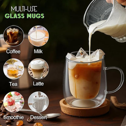 Glass Coffee Cups Set of 2, 13oz Double Walled Glass Mugs with Handles, Clear Insulated Coffee Mug Espresso Cups, Cappuccino Latte Tea Cups Set, Heat Resistant Borosilicate Clear Glasses