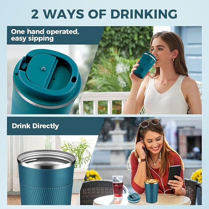 Volhoply 13 oz Stainless Steel Insulated Travel Coffee Mug with Fip Lid Bulk 4 Pack,Reusable Double Wall Vacuum Metal Coffee Cup,Portable Leak Proof Thermal Tumbler for Hot & Cold Drinks(Bule,4)