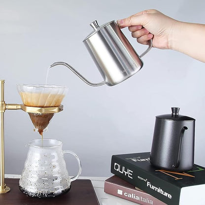 Easyworkz Gage Gooseneck Pour Over Coffee Kettle 20 oz with Thermometer Stainless Steel Hand Drip Coffee Pot With Long Narrow Spout, Silver