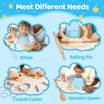11 PCS Kids Chef Costume Set, Cooking & Baking Toys for Toddlers 3-8 with Adjustable Apron, Pretend Play Gift for Boys & Girls Birthday Xmas（Blue）