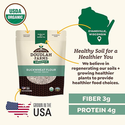 Organic Buckwheat Flour 1.5 lb - Non-GMO, USDA Organic, Gluten Free, Vegan - For Baking Bread, Pancakes, and More! Grown In USA, Farmed From Regenerative Soil by Doudlah Farms