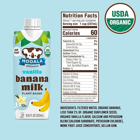 Mooala - Organic Vanilla Bananamilk, Lunchbox Friendly, Shelf-Stable, Non-Dairy, Nut-Free, Plant-Based Beverage, On the Go 12 Pack