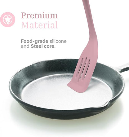 Silicone Slotted Turner Set – 2-Piece Set of Turner Spatulas for Eggs and Pancakes – Kitchen Tools & Accessories with Comfortable Handles, Heat-Resistant Utensils for Cooking and Baking – Pastel Pink