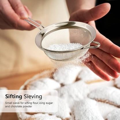 D Fine Mesh Strainer, Stainless Steel Sieve Sifter with Handle, Small Metal Strainer for Loose Tea, Juice, Drink, Herbs, Mini Sifter for Flour, Matcha, Kitchen, Baking, 3-Inch (8x3, Silver)