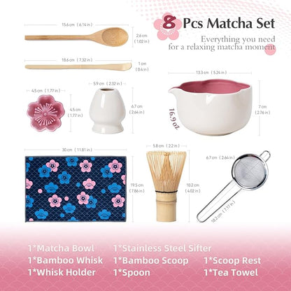 Matcha Whisk Set, 8Pcs Floral Ceramic Matcha Set with Matcha Whisk, Holder, Scoop, Scoop Rest, Sifter, Spoon and Tea Towel - Thoughtful Matcha Whisk Gift for Matcha Lovers (Beige & Pink)