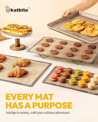 Silicone Baking Mat Set of 5, Katbite Food Grade Non-stick Reusable Cookie Sheet Bakeware Mats for Making Macaron, Cookie, Pizza, Pastry