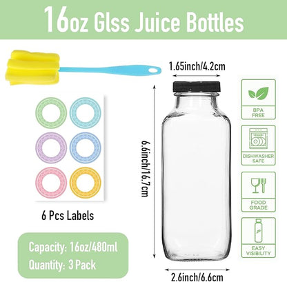 3 Pack 12oz Glass Water Bottles, 350ml Empty Glass Juice Bottles with Black Lids, Brush & Labels, Clear Reusable Drinking Jars for Juicing, Homemade Smoothies, Beverages