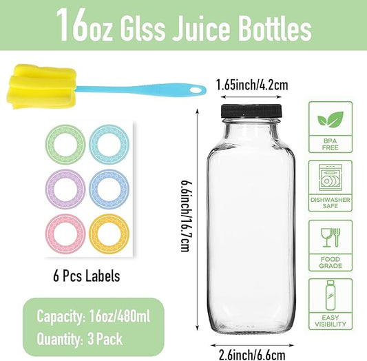3 Pack 12oz Glass Water Bottles, 350ml Empty Glass Juice Bottles with Black Lids, Brush & Labels, Clear Reusable Drinking Jars for Juicing, Homemade Smoothies, Beverages