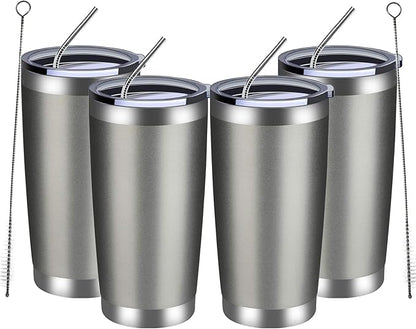 MEWAY 20oz Tumbler 4 Pack Double Wall Vacuum Insulated Travel Mug Bulk, Stainless Steel Tumblers with Lid and Straw, Durable Powder Coated Coffee Cups for Cold & Hot Drinks (Cold Gray, 4)
