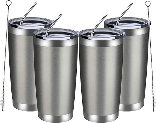 MEWAY 20oz Tumbler 4 Pack Double Wall Vacuum Insulated Travel Mug Bulk, Stainless Steel Tumblers with Lid and Straw, Durable Powder Coated Coffee Cups for Cold & Hot Drinks (Cold Gray, 4)