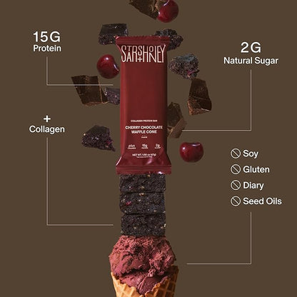 Stars + Honey Protein Bars- Cherry Chocolate Waffle Cone,15g Protein, 2g Sugar, w/Collagen Keto Friendly Snack - Gluten, Dairy, & Soy Free - High-Protein Snacks for Energy & Recovery-10 pack