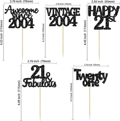 Gyufise 30pcs Vintage 2004 Cupcake Toppers Glitter Twenty-One Happy 21st Cupcake Picks Fabulous Anniversary Party Supplies Black