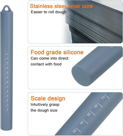 HARFINGTON Silicone Rolling Pin 10" Silicone Surface Non-Stick Stainless Steel Inner Core Dough Roller Kitchen Roller for Baking Pastry Pizza Fondant Bread, Blue