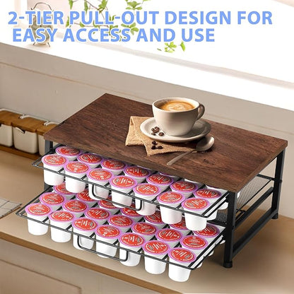 K Cup Holder Organizer for 70 Pods, 2-Tier Coffee Pod Holder for K-Cup with 2 Sliding Storage Drawers, Coffee Station Bar Organizer for Kitchen Countertop, Home & Office, Wooden