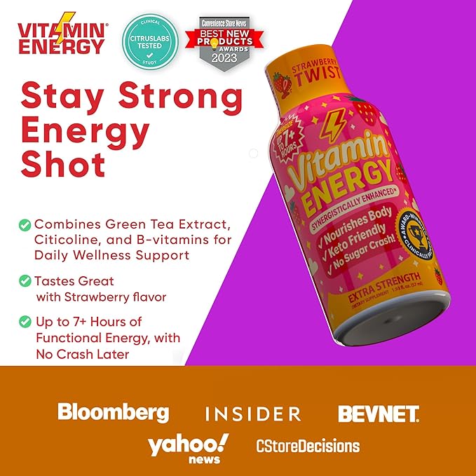 Vitamin Energy Immune+ Extra Strength Energy Shot Strawberry Twist 12 Pack, 260mg Natural Caffeine, B-Vitamins, Citicoline, Green Tea, Immunity & Focus Support, Zero Sugar, Gluten-Free 1.93 fl oz