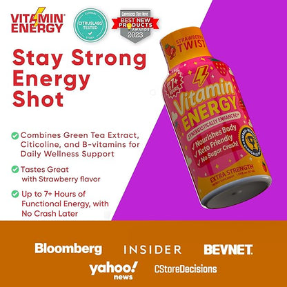 Vitamin Energy Immune+ Extra Strength Energy Shot Strawberry Twist 12 Pack, 260mg Natural Caffeine, B-Vitamins, Citicoline, Green Tea, Immunity & Focus Support, Zero Sugar, Gluten-Free 1.93 fl oz