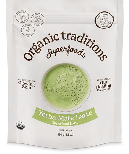 Organic Traditions Yerba Mate Tea Mint Latte with Matcha | Instant Dairy Free Superfood Latte | Instant Tea Latte | 150g/5.3oz Bag