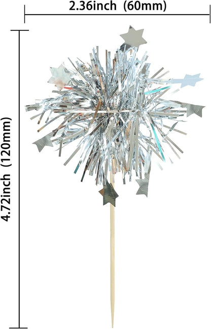 Gyufise 30Pcs Foil Firework Cupcake Toppers Sparkle Tinsel Star Cake Toppers Tinsel Drink Cake Decoration Cocktail Picks for Birthday Wedding Graduation Party Supplies Silver