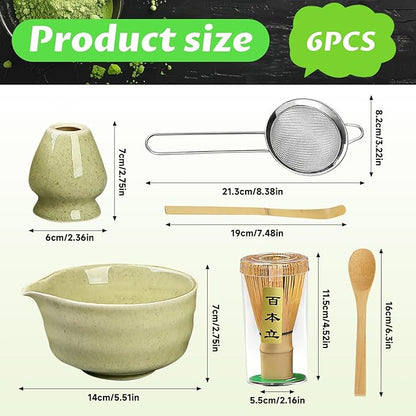 Matcha Set, 6 Pcs Matcha Whisk Set with 20 oz Bowl, Bamboo Whisk for Matcha Tea, Matcha Bowl, Ceramic Matcha whisk Holder, Stainless Sifter and Scoop - Gift for matcha kit Lovers（Green）