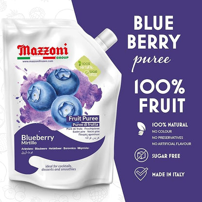 Mazzoni Blueberry Puree, 100% Pure Blueberries, Just Fruit, No Sugar Added, 2.2 lbs (35.2 oz) RMixer for Cocktails, Drinks, Smoothies. Convenient Pouch, Made in Italy