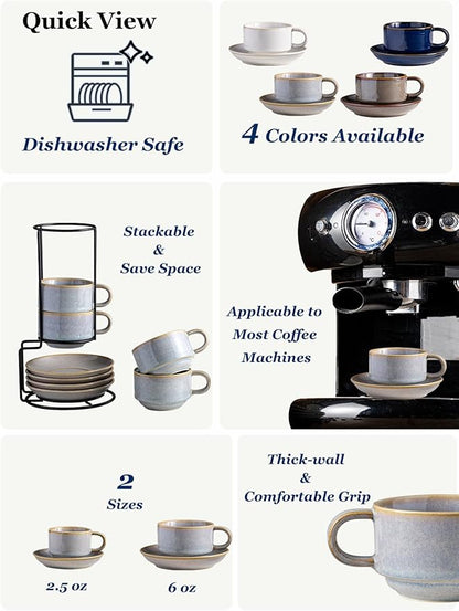 Gomakren 6 Ounce Cappuccino Cups with Saucers and Metal Stand, Stackable Coffee Cup Set of 4, Porcelain Espresso Cups for Coffee Drinks, Cappuccino, Latte, Americano, Tea, Gray