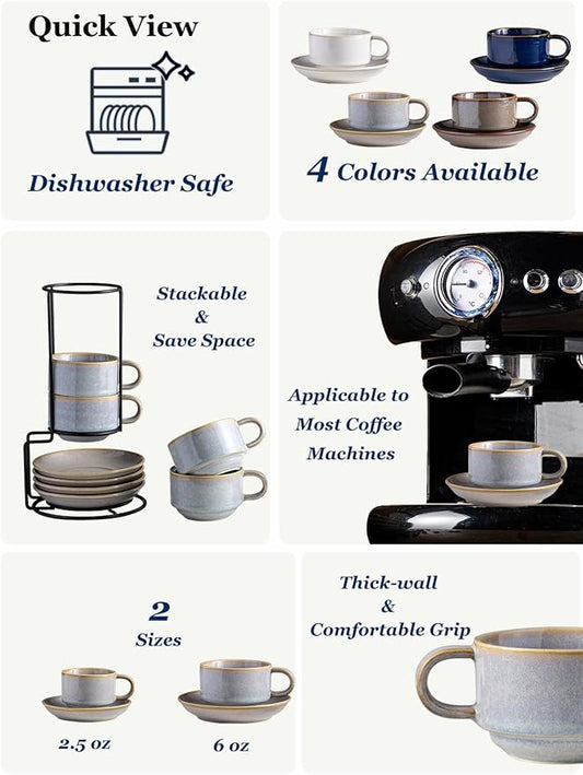 Gomakren 6 Ounce Cappuccino Cups with Saucers and Metal Stand, Stackable Coffee Cup Set of 4, Porcelain Espresso Cups for Coffee Drinks, Cappuccino, Latte, Americano, Tea, Gray