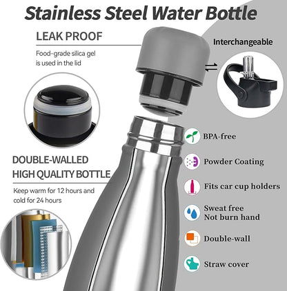 Insulated Water Bottle,17oz Stainless Steel Water Bottles with straw lid,Metal Sports Thermos Water Bottles for Boys,Girls,Double Wall Vacuum BPA-Free Flask for School, Sports (Grey)