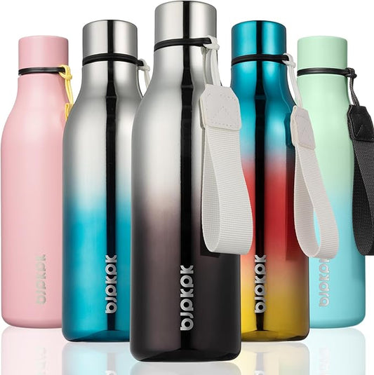 BJPKPK Insulated Water Bottles, 18 oz Stainless Steel Metal Water Bottle with Strap, BPA Free Leak Proof Thermos, Mugs, Flasks, Reusable Water Bottle for Sports & Travel, Silver Miner