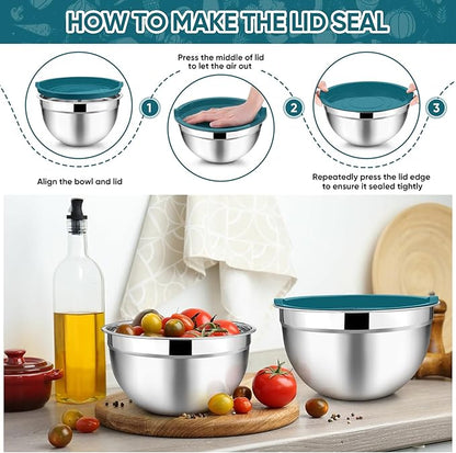 TeamFar Mixing Bowl Set of 5, Stainless Steel 4.5/3/1.5/1/0.7 QT Metal Nesting Salad Bowls with Lids, Ideal for Mixing Serving Tossing, Non-Toxic & Sturdy, Airtight Lid & Easy Clean, Blue