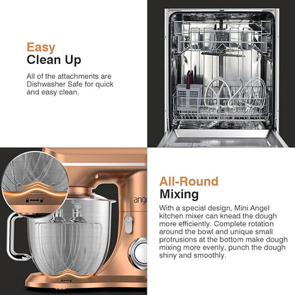 Mini Angel Stand Mixer,10-Speed 5QT Kitchen Electric Mixer,Tilt-Head Food Mixer with Dough Hook, Wire Whisk, Flat Beater, Stainless Steel Bowl (Champagne)