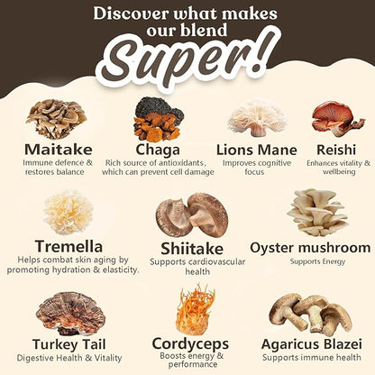 10 Mushroom Coffee with Arabica w, Lion's Mane, Reishi, Mushroom Polysaccharides & More, 3500mg(10:1) Extract Instant Mushrooms Powder for Focus, Immunity Boost, Memory & Clarity - 30 Servings