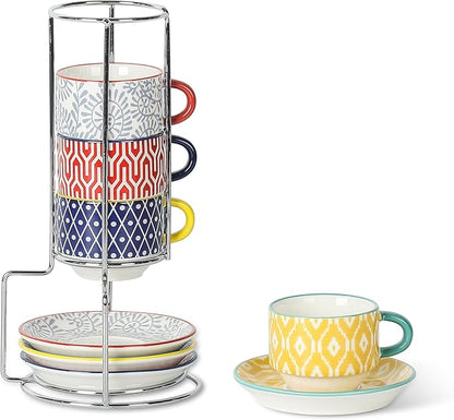 Selamica Ceramic Espresso Cups with Saucers and Metal Stand, 2.5 OZ Stackable Demitasse Cups for Espresso Latte Café Mocha Tea, Set of 4, Assorted Colors