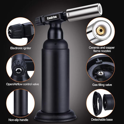 Cadrim Butane Torch, Refillable Pro Culinary Blow Torch Double Fire Cooking Torch and Small Adjustable Flame Kitchen Torch for Creme Brulee, Baking BBQ (Jat black)