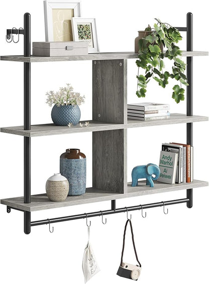 Bestier 41.5" Floating Pipe Shelving Kitchen Shelves Wall Mounted 3 Tier Ladder Shelf Hanging with Circular Tube Display Bookshelf Storage for Living Room Kitchen Balcony, Retro Grey