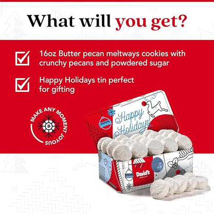 David’s Cookies Winter Wonderland Butter Pecan Meltaway Cookies Tin - Delicious Butter Cookies with Crunchy Pecans - Soft & Melt In Your Mouth Flavorful Cookies, Gourmet Holiday Food Gift Basket 16oz