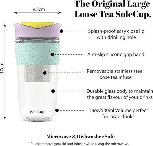 Large Travel Mug Loose Tea Infuser - Detachable Tea Strainer with Spill Proof Lid - 18oz/530ml BPA-Free Reusable Glass Travel Coffee Cup with Silicone Band (Pink) (Ice Cream)