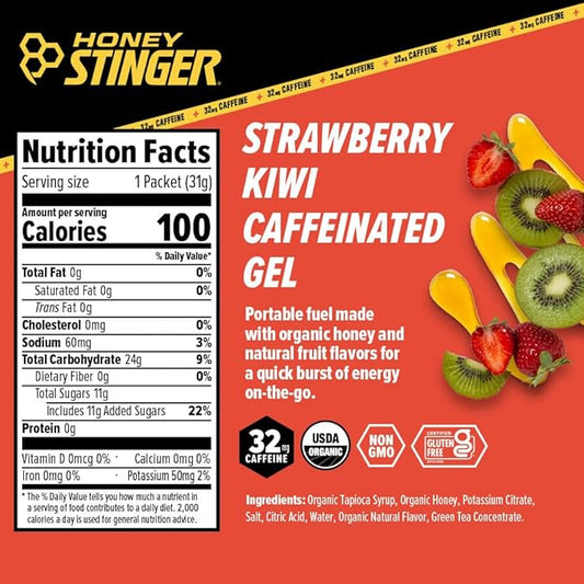 Honey Stinger Organic Strawberry Kiwi Energy Gel, Caffeinated & Gluten Free, for Exercise, Running and Performance, Sports Nutrition for Home & Gym, Pre and Mid Workout, 12 Pack, 13.2 Ounce