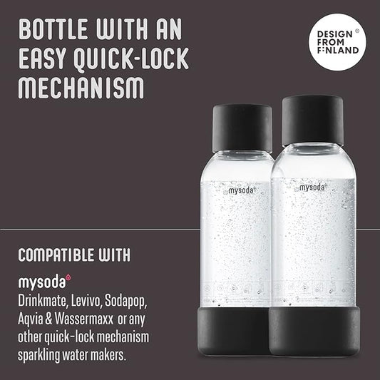 Mysoda Carbonating Bottles 2Pck 0.5L - Compatible with MySoda and any brands - Quick-Lock Reusable Bottles - Lid and Base Made of Wood Composite - BPA Free - Black