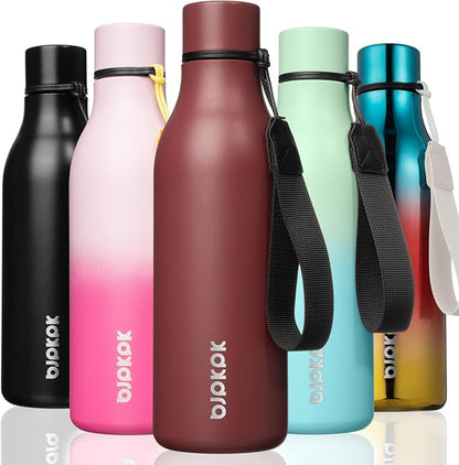 BJPKPK Insulated Water Bottles, 18 oz Stainless Steel Metal Water Bottle with Strap, BPA Free Leak Proof Thermos, Mugs, Flasks, Reusable Water Bottle for Sports & Travel, Brick Red