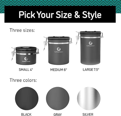 Coffee Gator Coffee Canister, 2pack 22oz Airtight Stainless Steel Kitchen Food Storage Container with Date Tracker, Scoop for Sugar, Grounds, Beans,Tea, Cereal, Flour, Cookies Jars - Gray&Silver