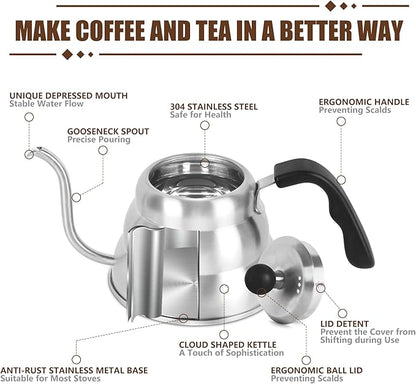 Stainless Steel Tea Kettle 800ml W/O Thermometer Gooseneck Kettle for Stovetop Pour Over Coffee Kettle Precision Pour Drip Spout Tea Pot 28oz,4 Cup,Silver,1Pack